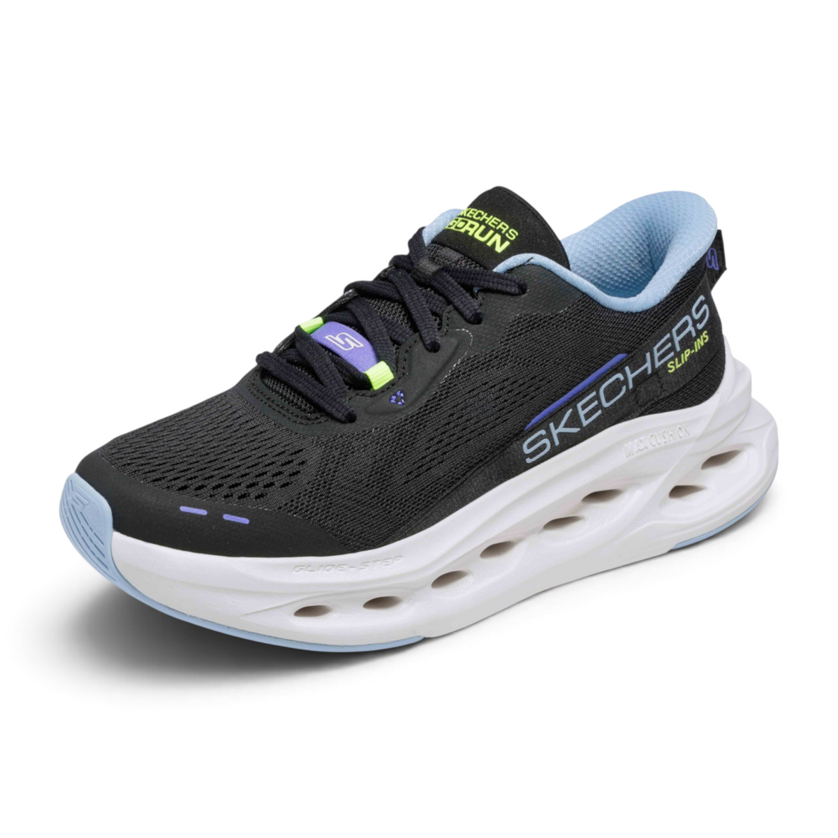 FRG Skechers Max Cushioning Glide-Step black running shoe with white cushioned sole and blue interior lining