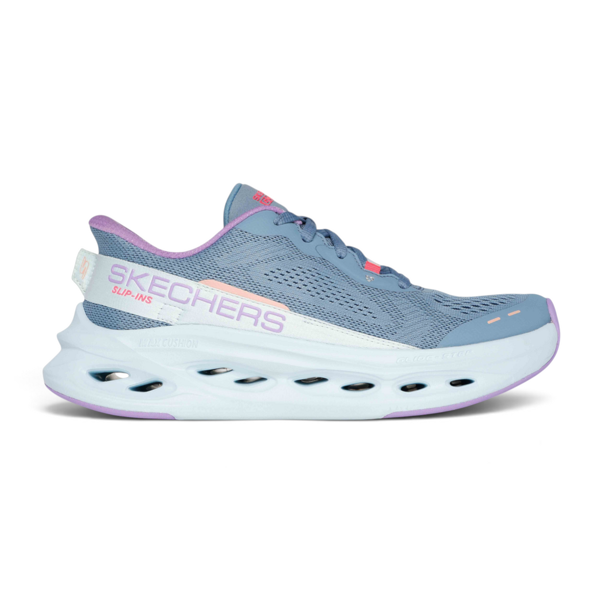 FRG Skechers Max Cushioning Glide-Step slip-in sneaker in blue mesh with purple accents and thick cushioned sole