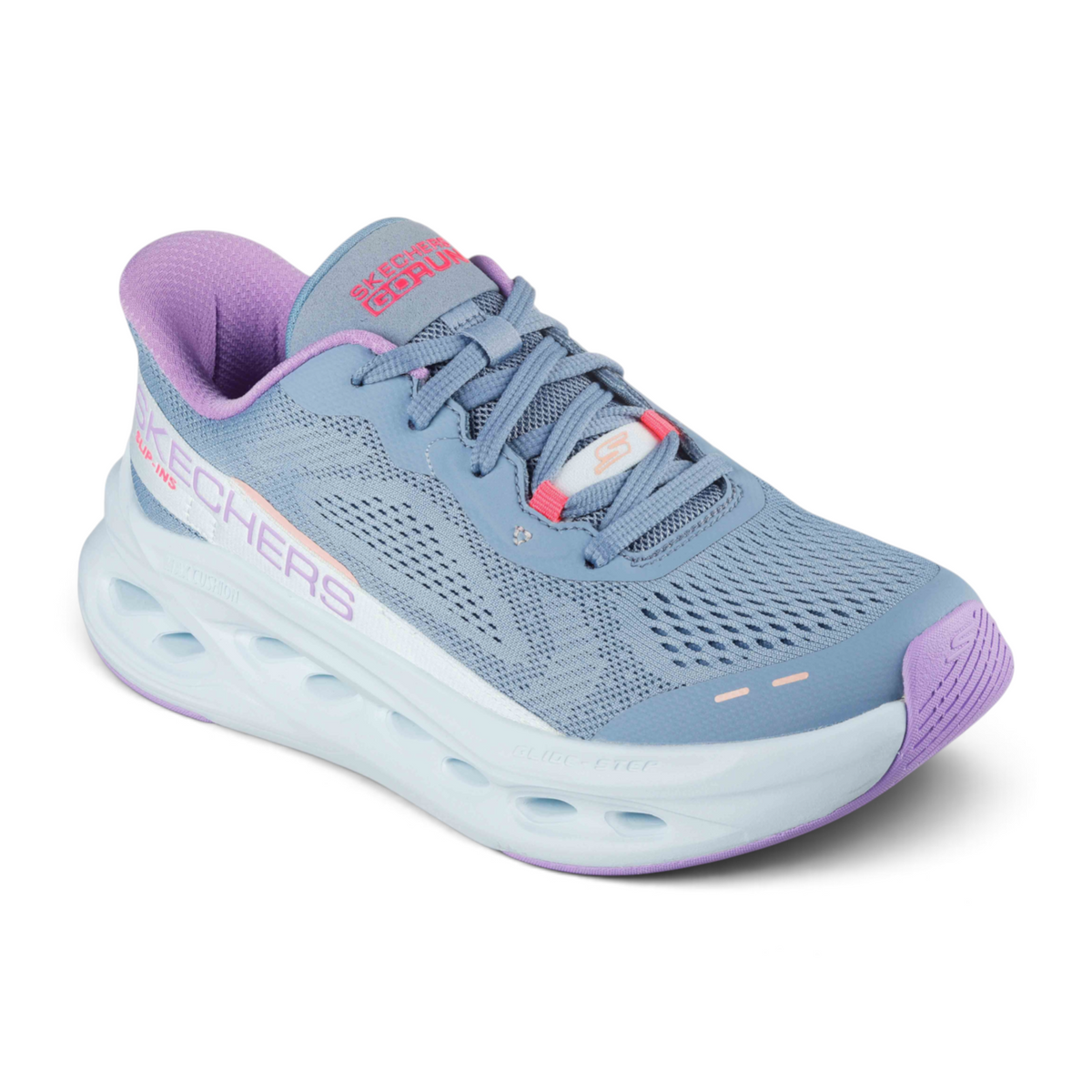 FRG Skechers Max Cushioning Glide-Step light blue running shoe with purple accents and thick cushioned sole