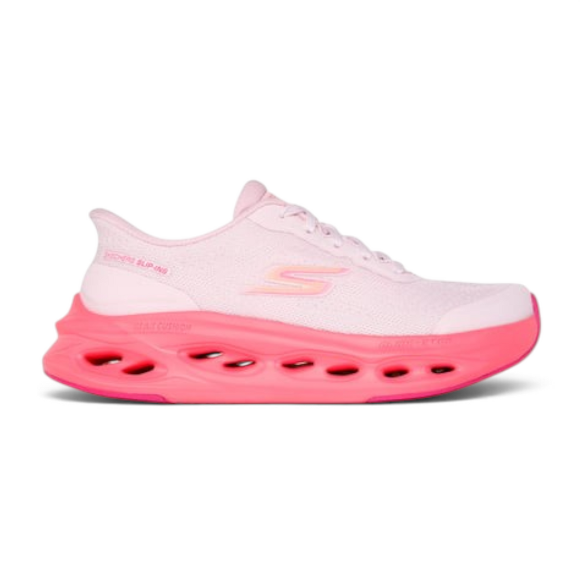 FRG MAX CUSHIONING GLIDE-STEP HARTFORD light pink slip-in athletic sneaker with a vibrant pink sculpted foam sole