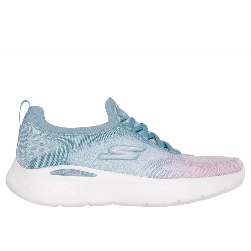 FRG Skechers GO Run Lite running shoe in light blue and pink with breathable mesh and responsive white sole
