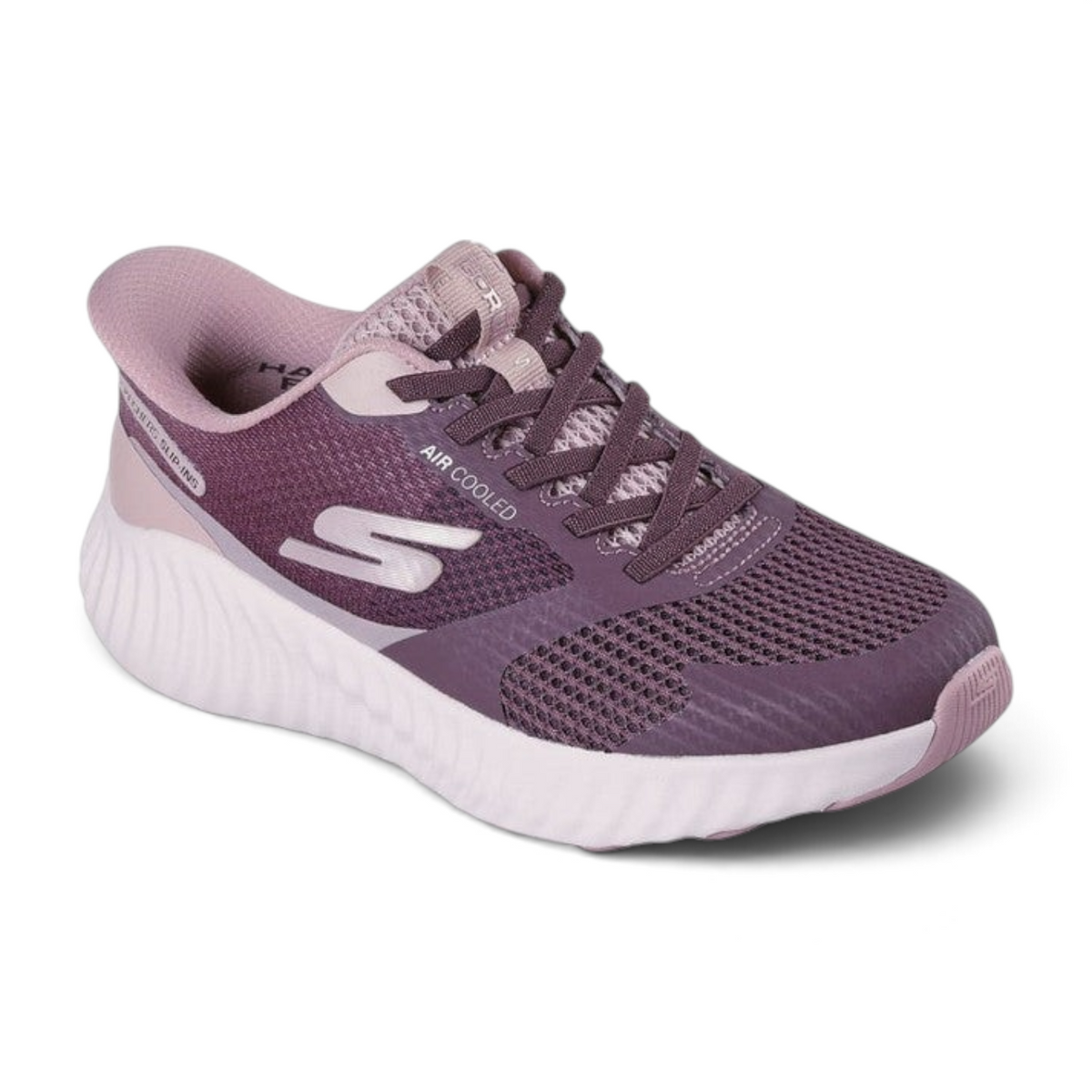 FRG Skechers GO RUN Now Starfuse mauve mesh slip-in sneaker with Air-Cooled Goga Mat insole and white cushioned sole.