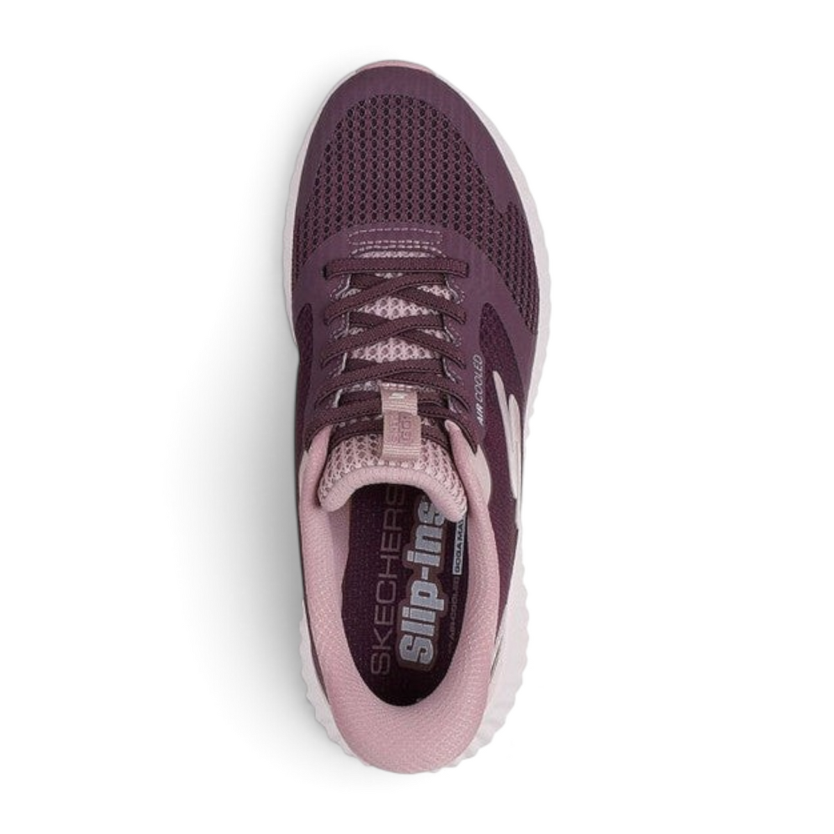 FRG Skechers GO RUN Now Starfuse mauve mesh slip-in sneaker with Air-Cooled Goga Mat insole, top view.