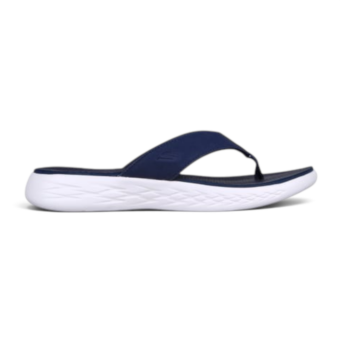 FRG Skechers On-the-GO 600 Flourish navy blue thong sandal with a white cushioned midsole and woven mesh upper