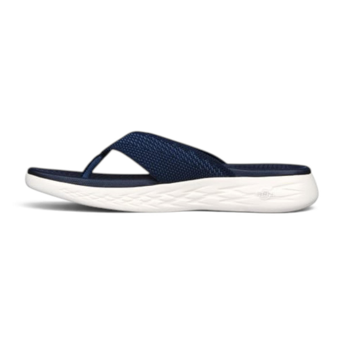 FRG Skechers On-the-GO 600 Flourish navy blue woven mesh thong sandal with white cushioned midsole side view
