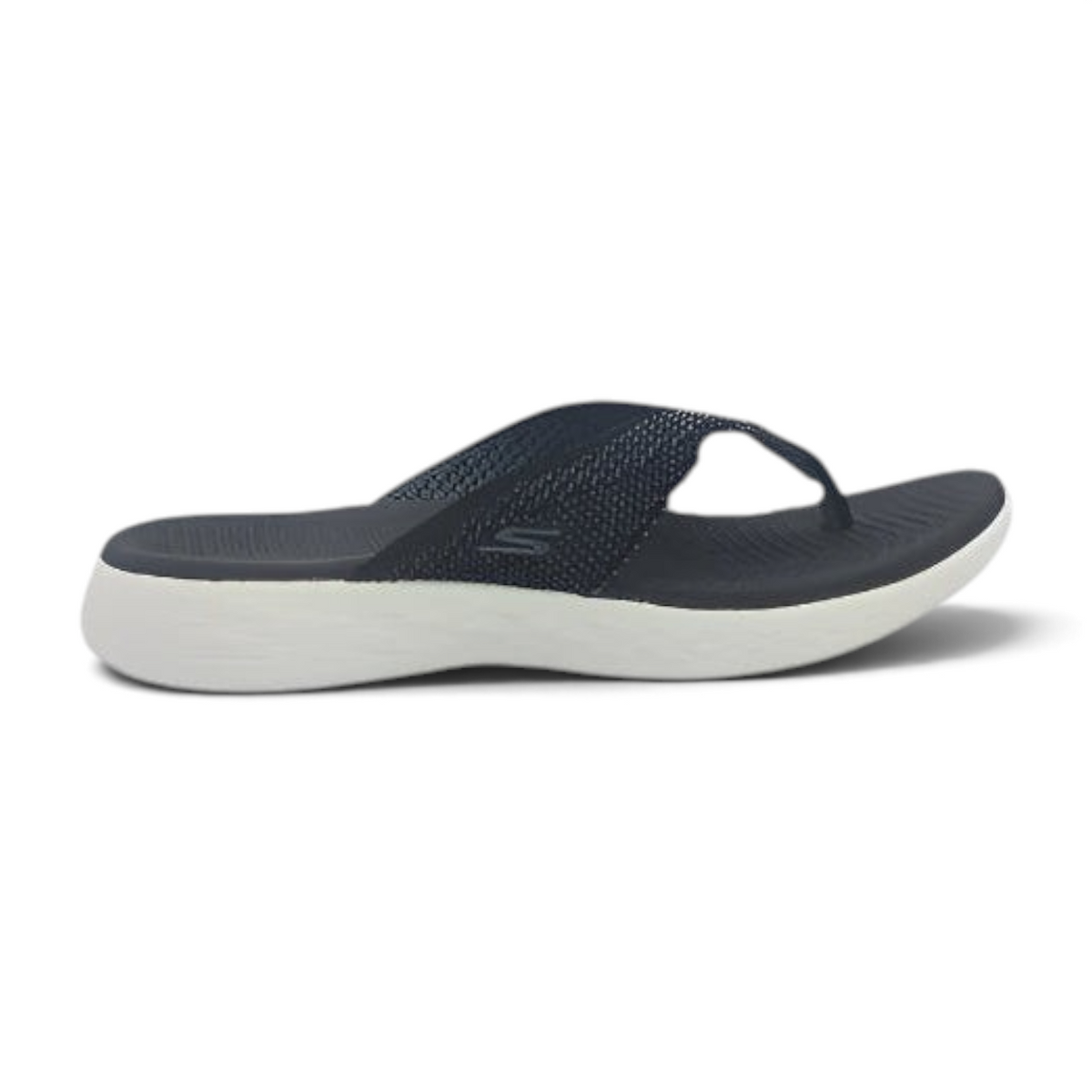FRG Skechers On-the-GO 600 Flourish navy blue thong sandal with woven mesh upper and cushioned white midsole
