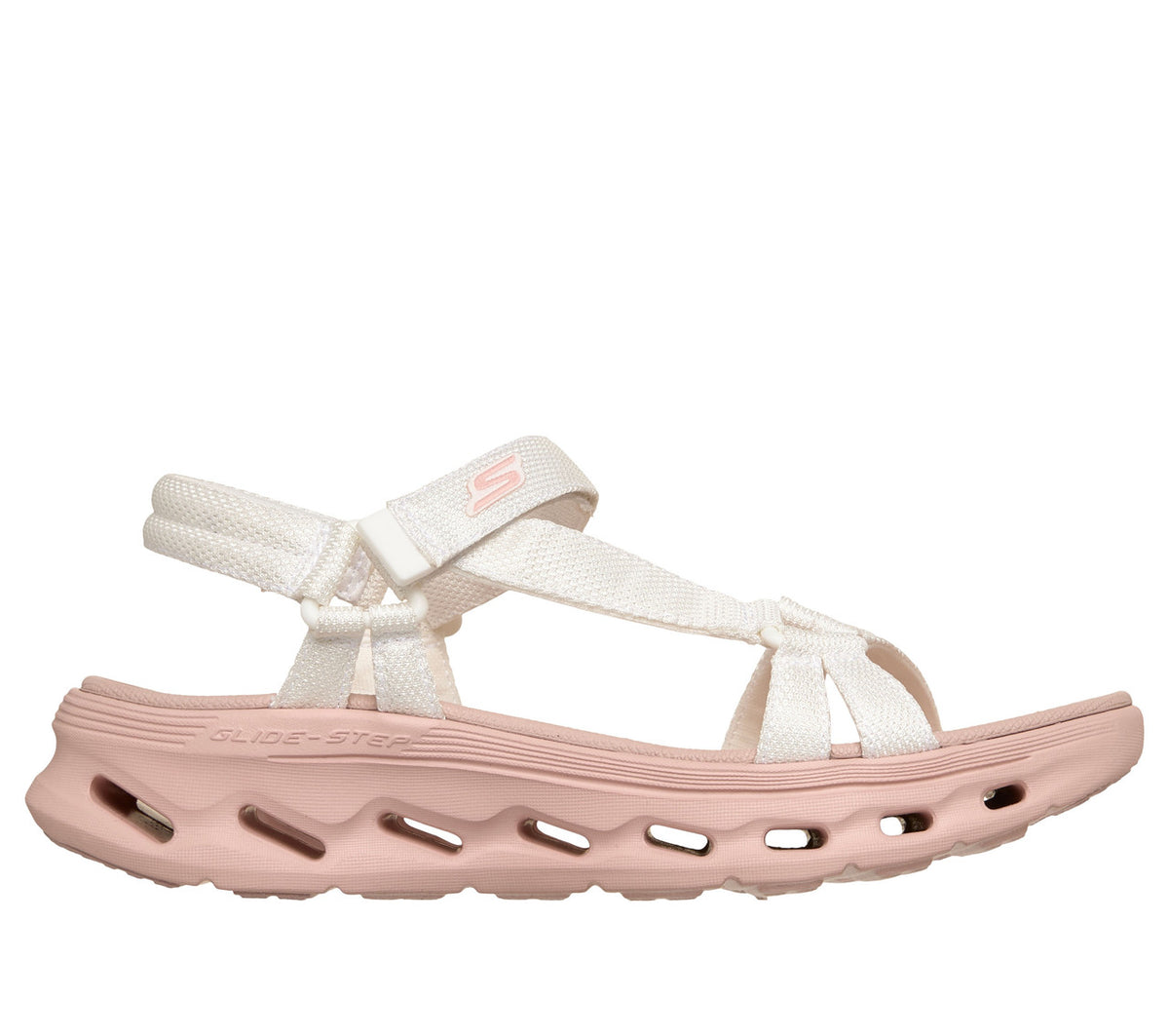 FRG Skechers GO Walk Glide-Step 2.0 vegan sandal in white and pink with adjustable straps and contoured cushioning