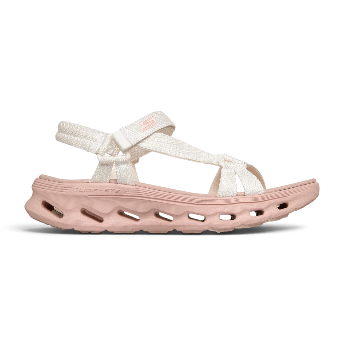 FRG Skechers GO Walk Glide-Step 2.0 vegan sandal in white and pink with adjustable straps and contoured cushioning