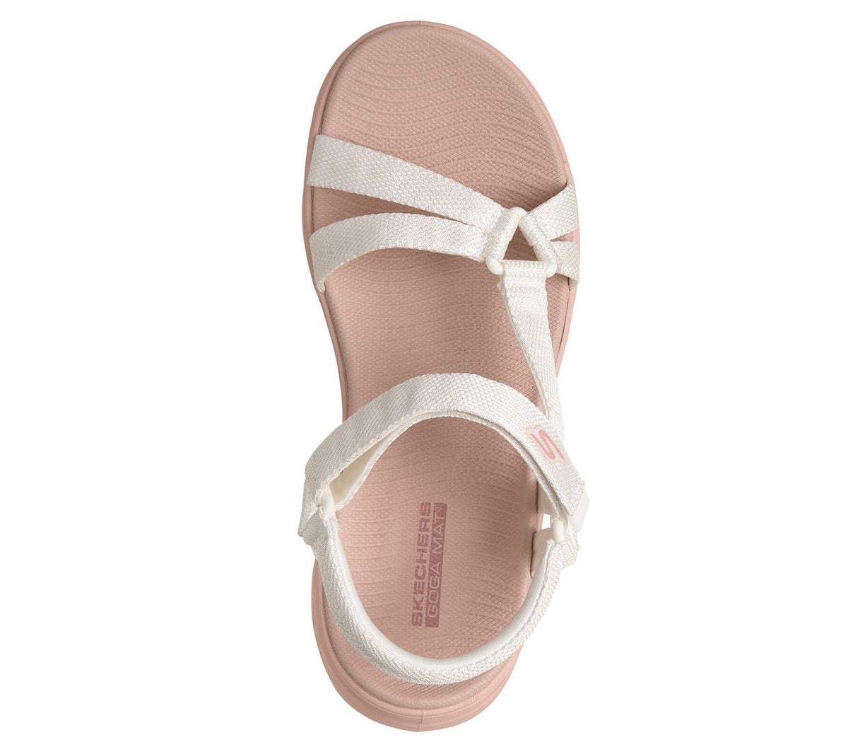 FRG Skechers GO Walk Glide-Step 2.0 sandal in white and pink, showing the contoured pink rubber outsole tread pattern.