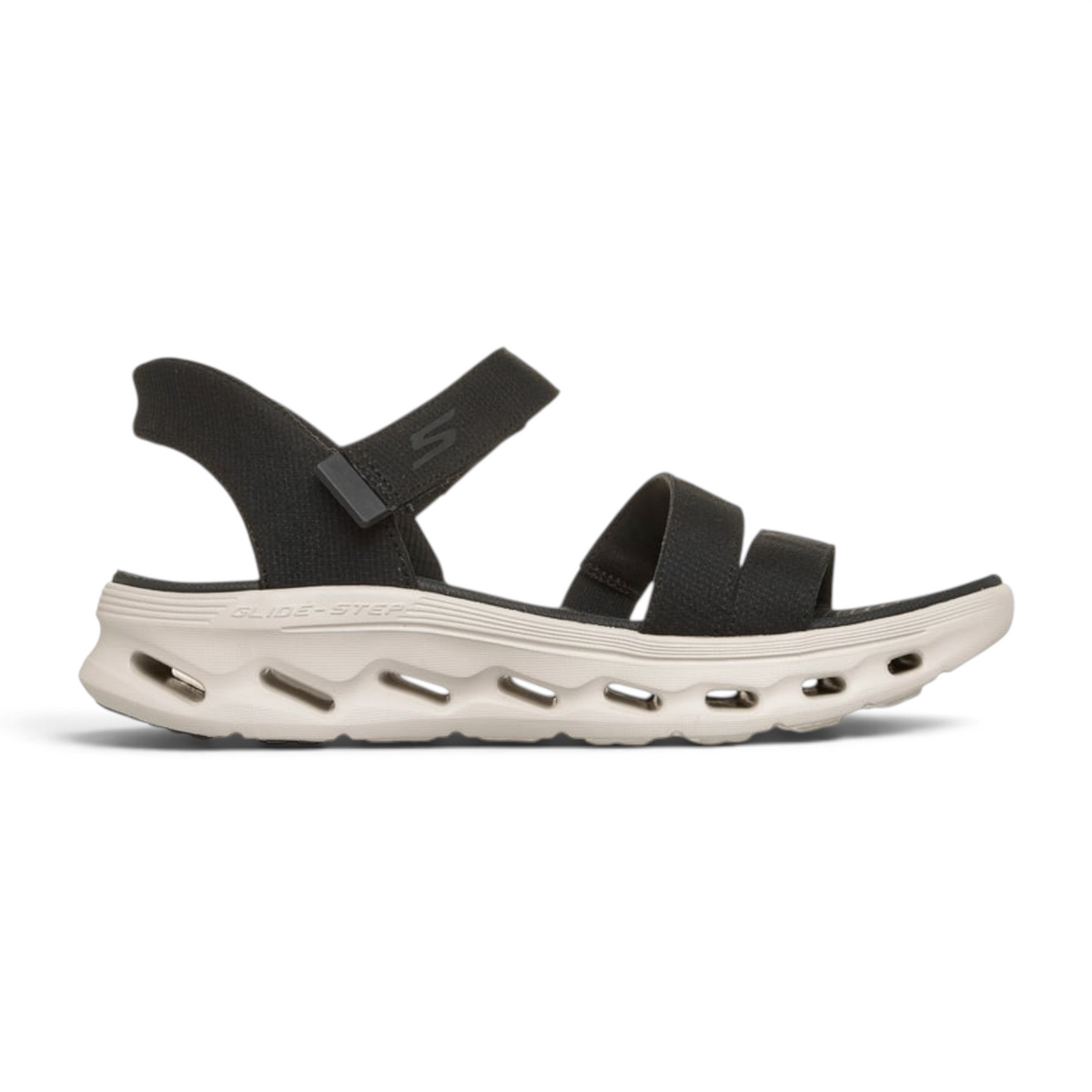 FRG Skechers GO WALK Glide-Step 2.0 Ella black and white vegan quarter-strap sandal with geometric midsole