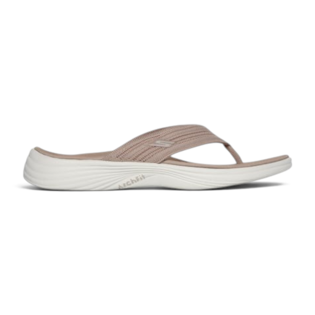 FRG Skechers Arch Fit Radiance Lure thong sandal in beige with a mono mesh upper and contoured white sole.