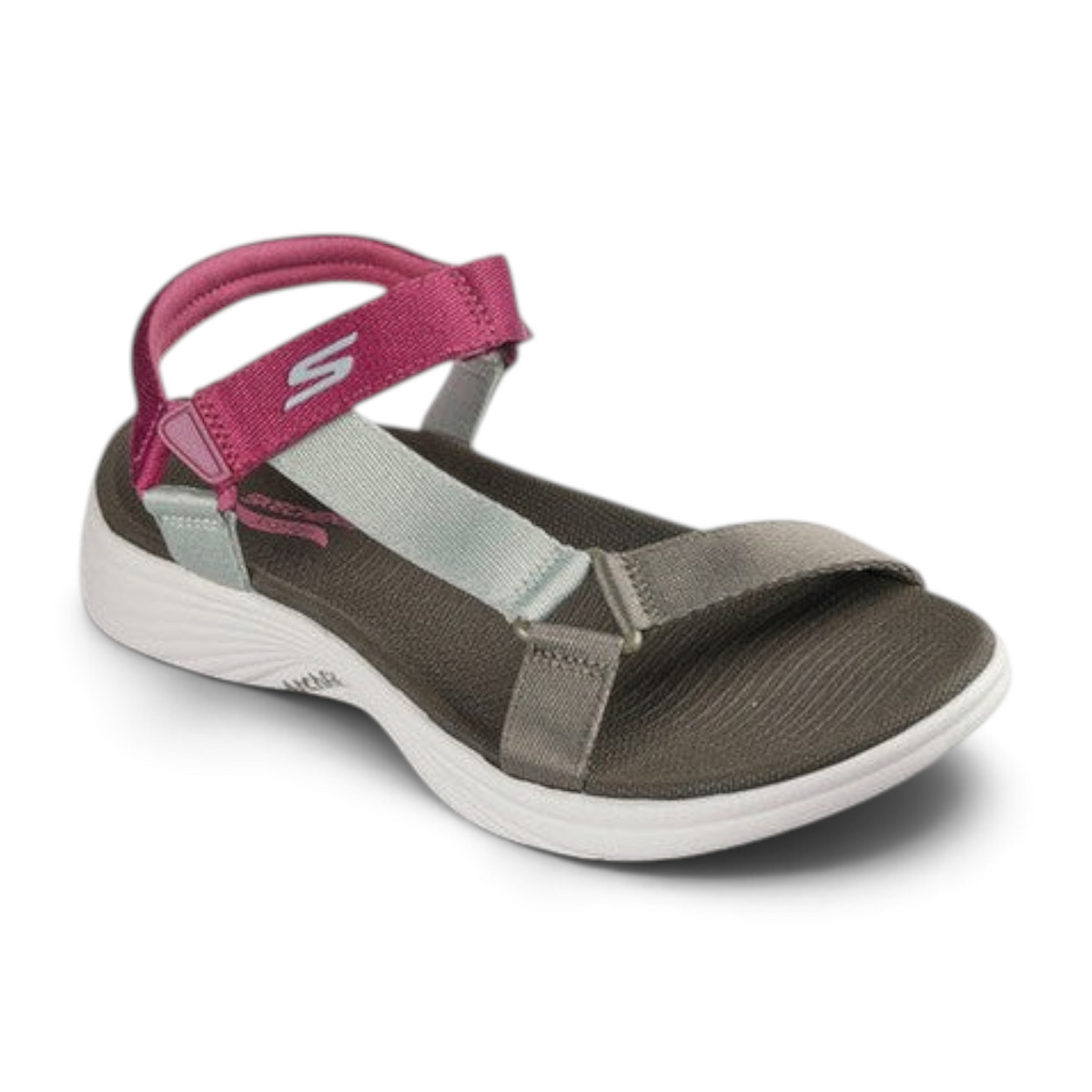 FRG Skechers Arch Fit Radiance walking sandal in olive, mint, and pink with adjustable straps and cushioned sole.