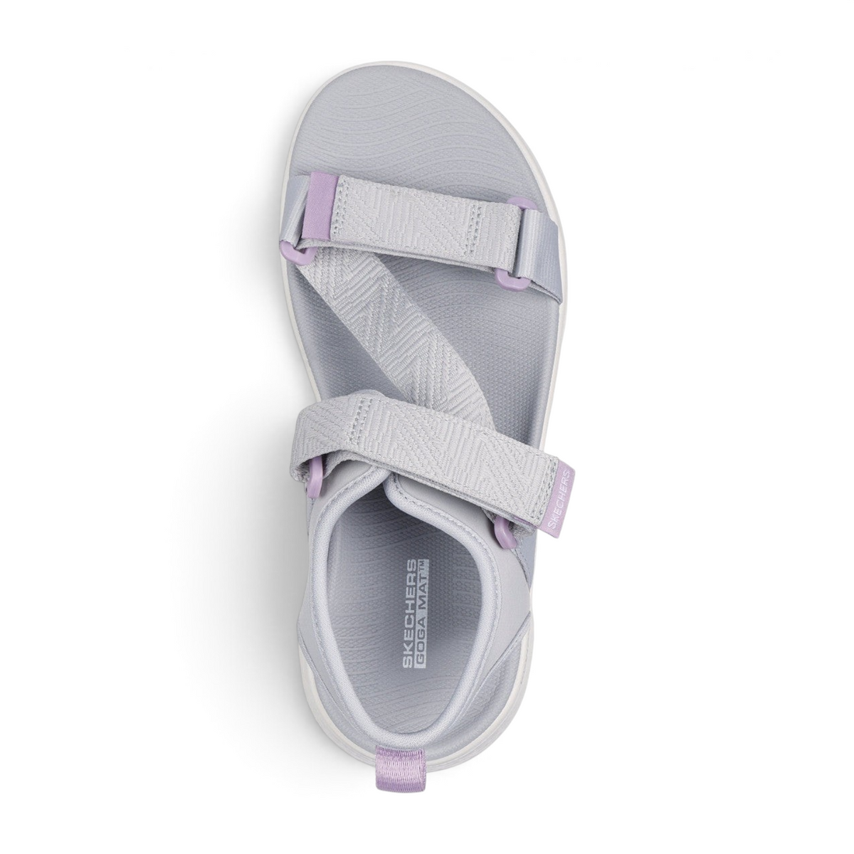 FRG GO WALK FLEX SANDAL in light grey with lavender accents, featuring adjustable velcro straps and cushioned footbed