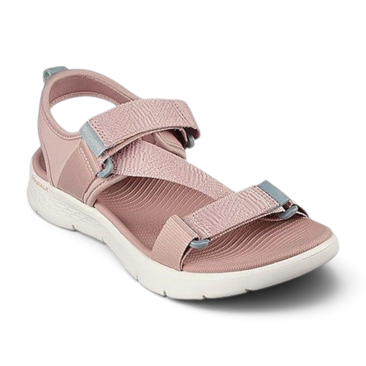 FRG Skechers GO WALK Flex mauve textile sandal with adjustable hook-and-loop straps and a white cushioned sole.
