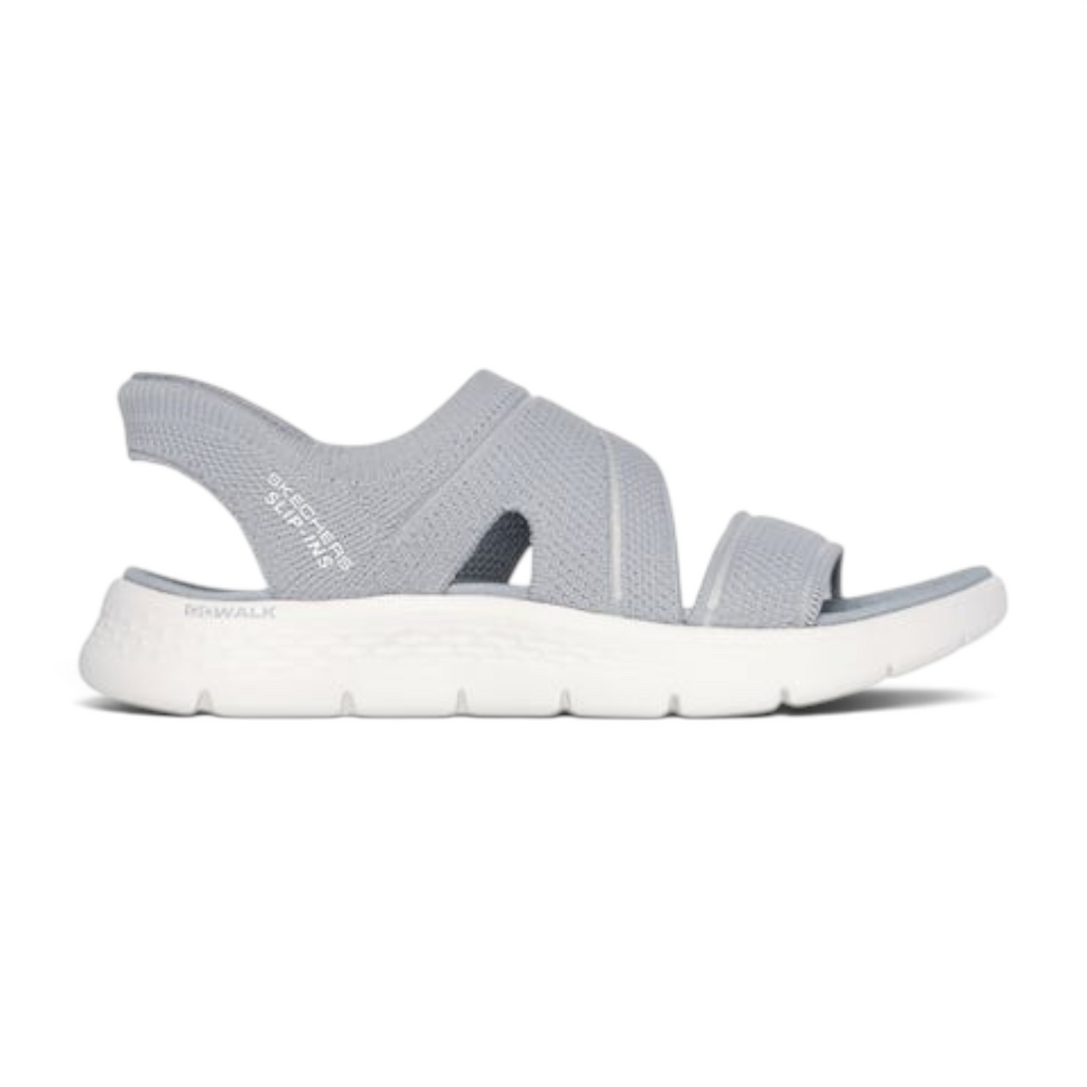 FRG Skechers Slip-ins Go Walk Flex Enticing grey knit sandals with a white cushioned sole and cross-strap design.