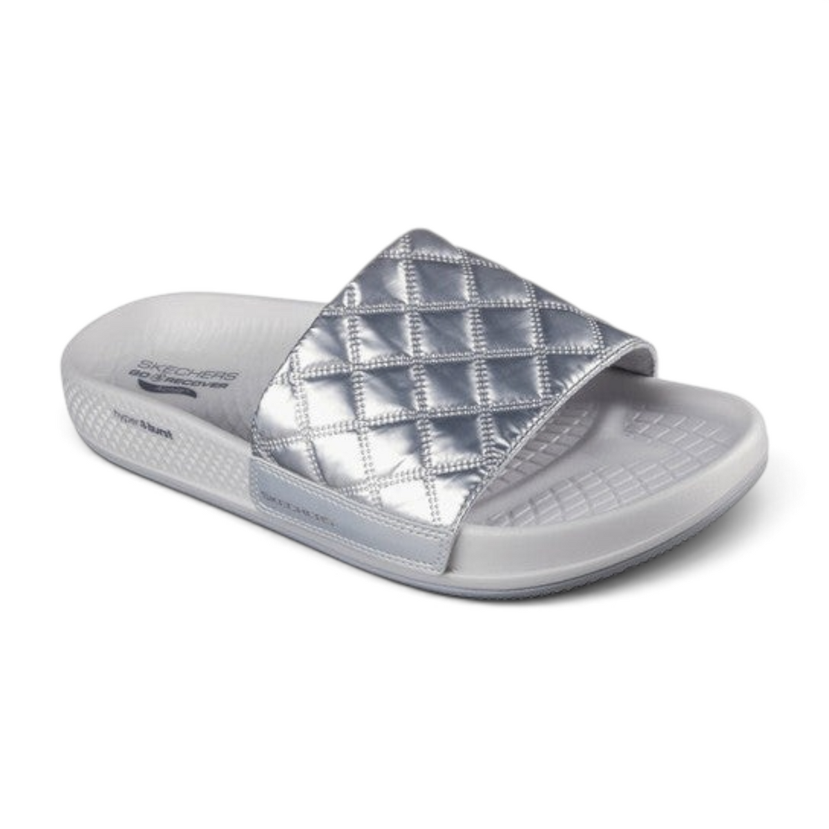 FRG Skechers Arch Fit Hyper Slide in metallic silver with a quilted strap and contoured arch support footbed.