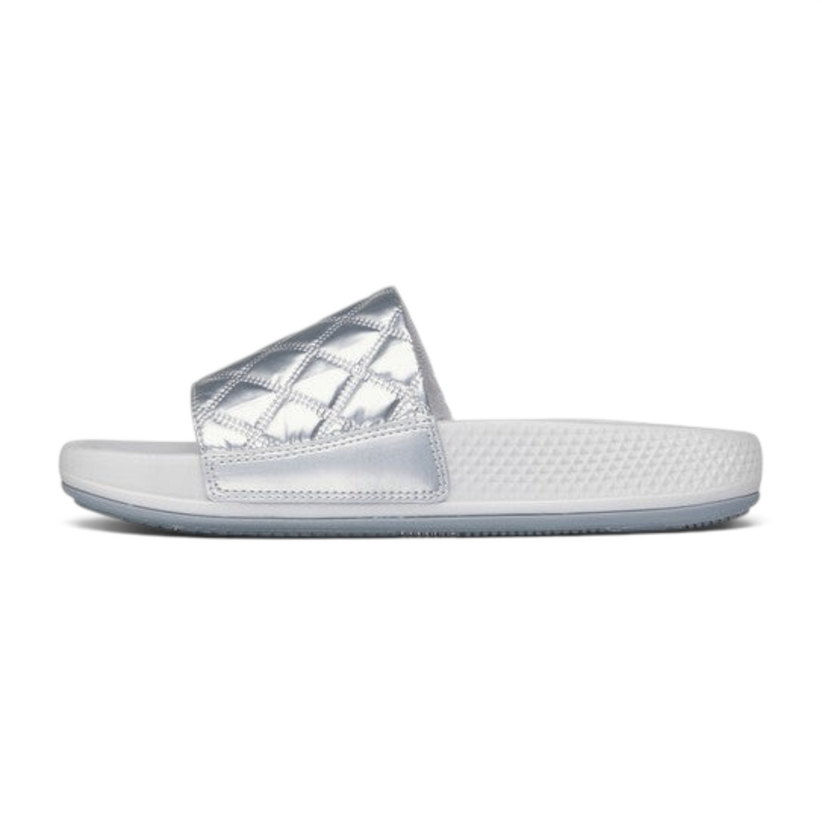 FRG Skechers Arch Fit Hyper Slide in silver with a quilted strap and contoured footbed for recovery comfort