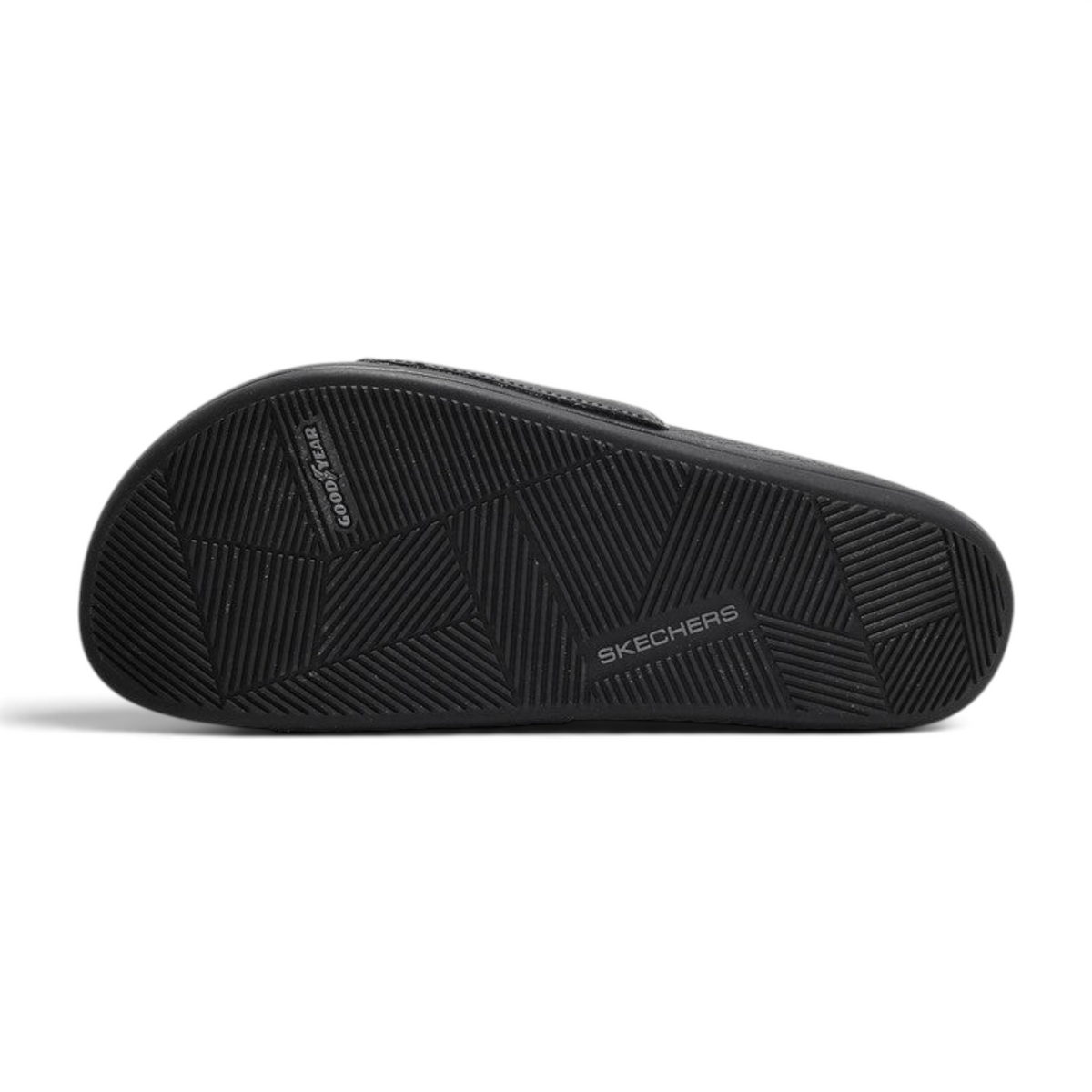 FRG Skechers Arch Fit Hyper Slide black recovery sandal showing the durable Goodyear rubber outsole tread pattern
