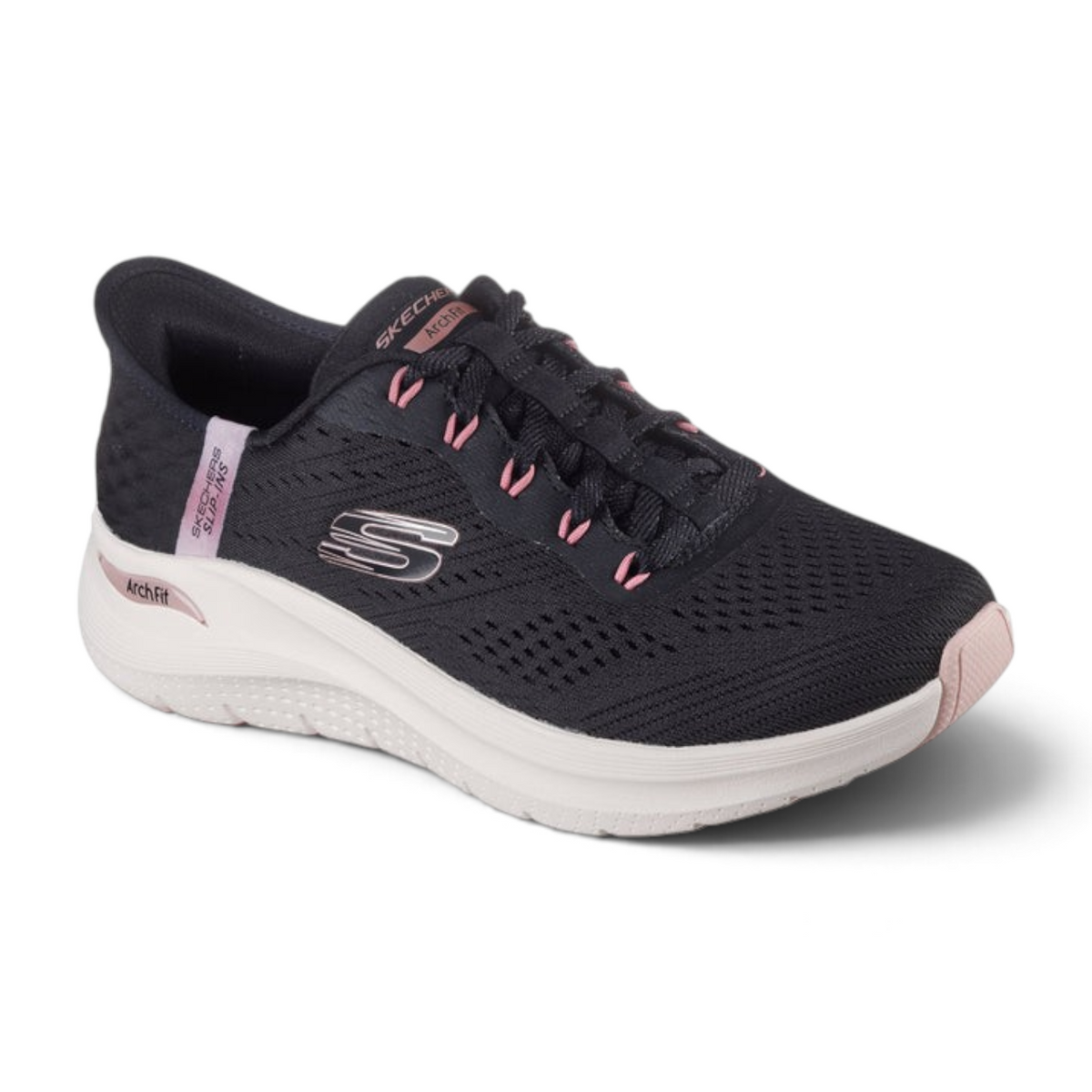FRG Skechers Arch Fit 2.0 Easy Chic black and rose slip-on sneaker with engineered mesh and cushioned white sole