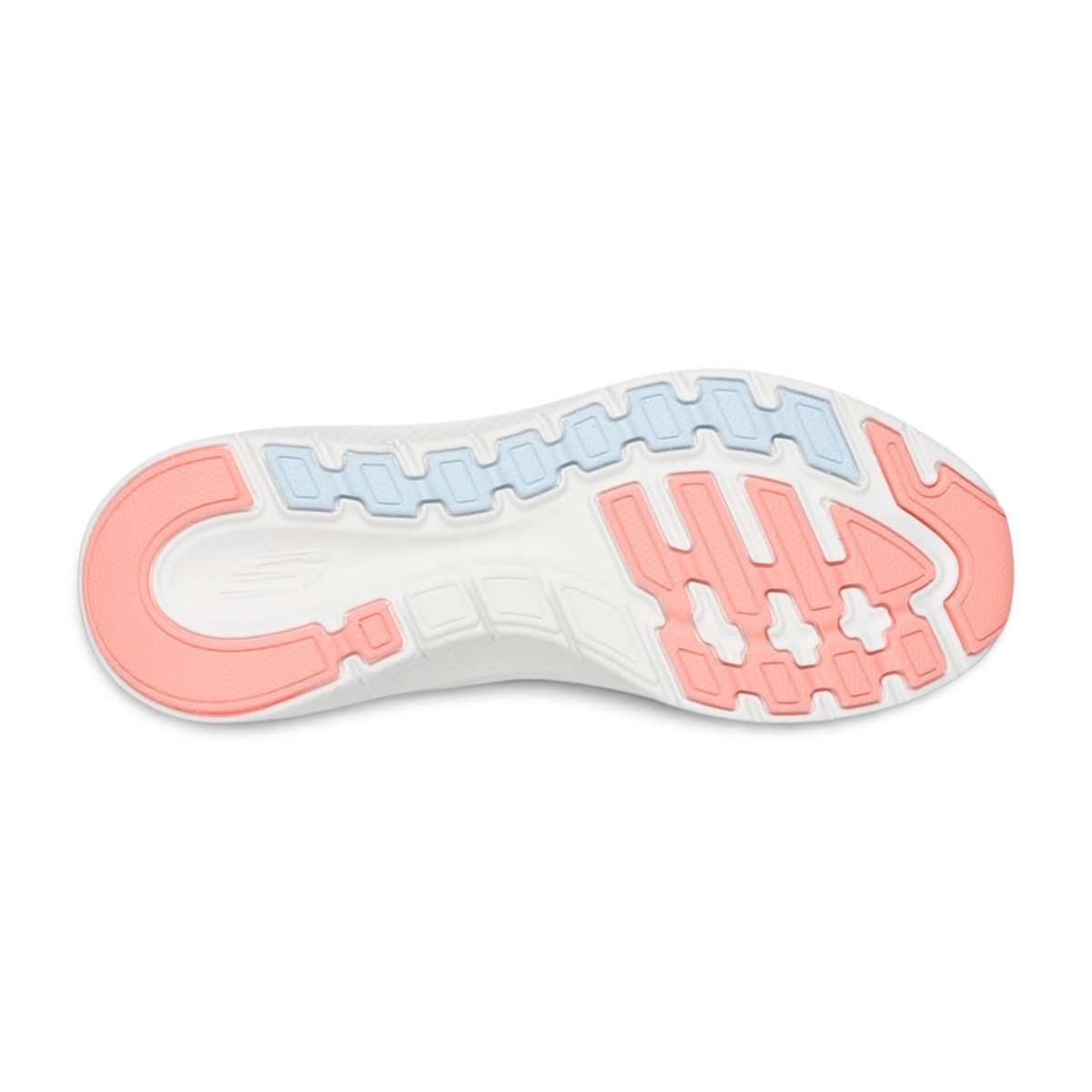 FRG Skechers GO WALK 8 Nova sneaker outsole in white with coral and light blue high-rebound Ultra Pillars cushioning