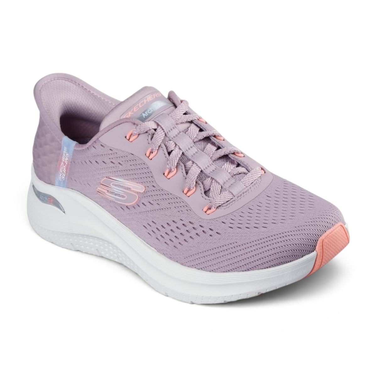 FRG Skechers Arch Fit 2.0 Easy Chic mauve slip-on sneaker with engineered mesh upper and white cushioned sole.