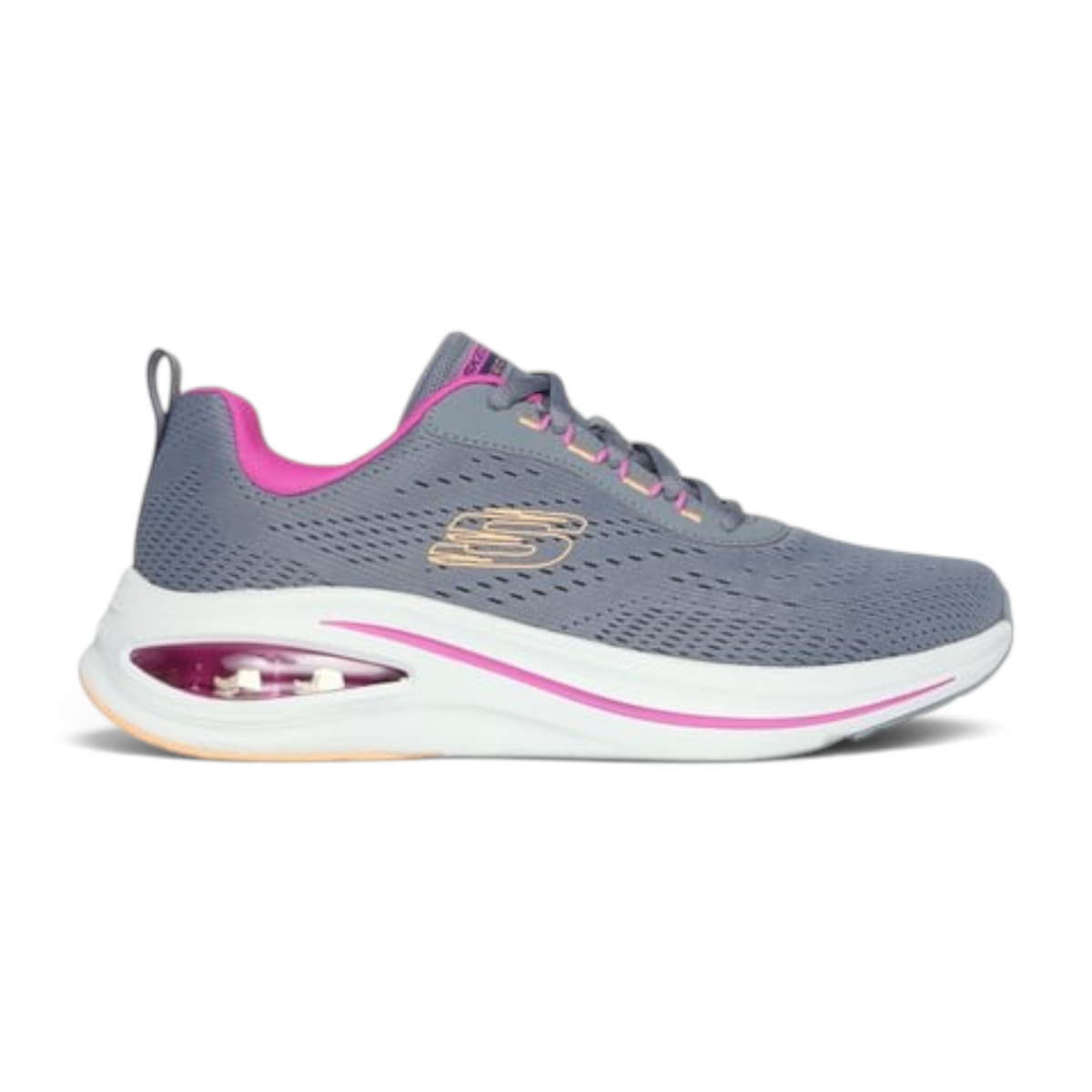 FRG Skechers Skech-Air Meta Aired Out grey vegan athletic sneaker with pink accents and visible airbag cushioning.