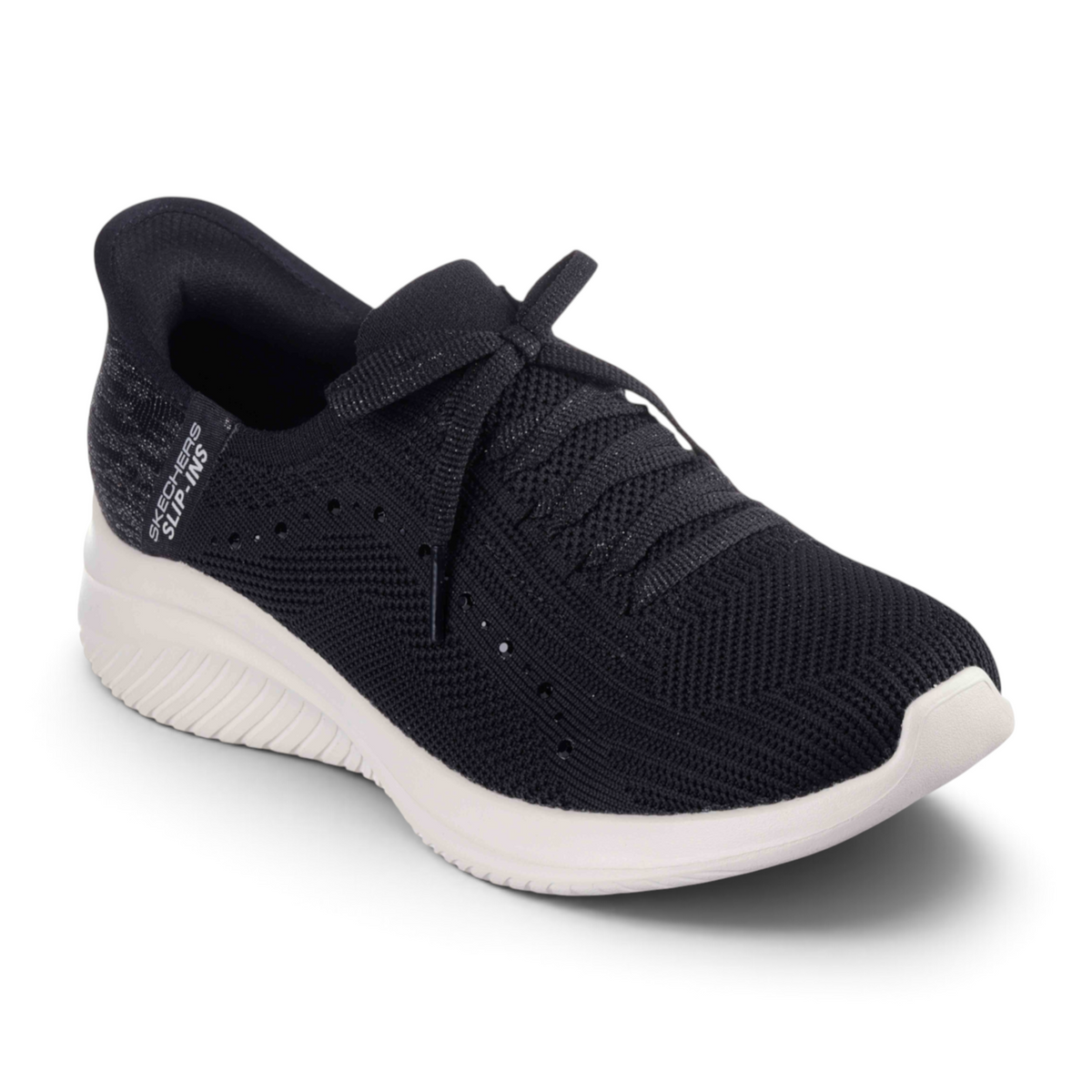 FRG Skechers Ultra Flex 3.0 Summer Stripe black slip-on sneakers with a white cushioned sole and knit upper.