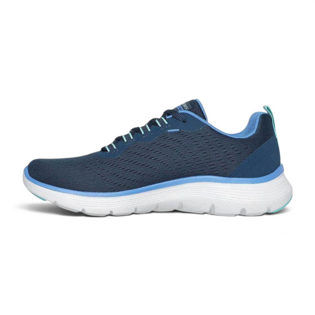 FRG Skechers Flex Appeal 5.0 navy blue vegan lace-up sneaker with a white flexible sole and teal accents.