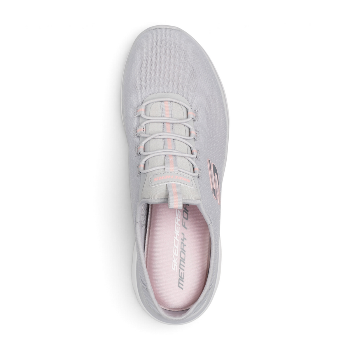 FRG SUMMITS - SIMPLY SWEET light grey slip-on sneakers with pink accents and memory foam insoles, top view