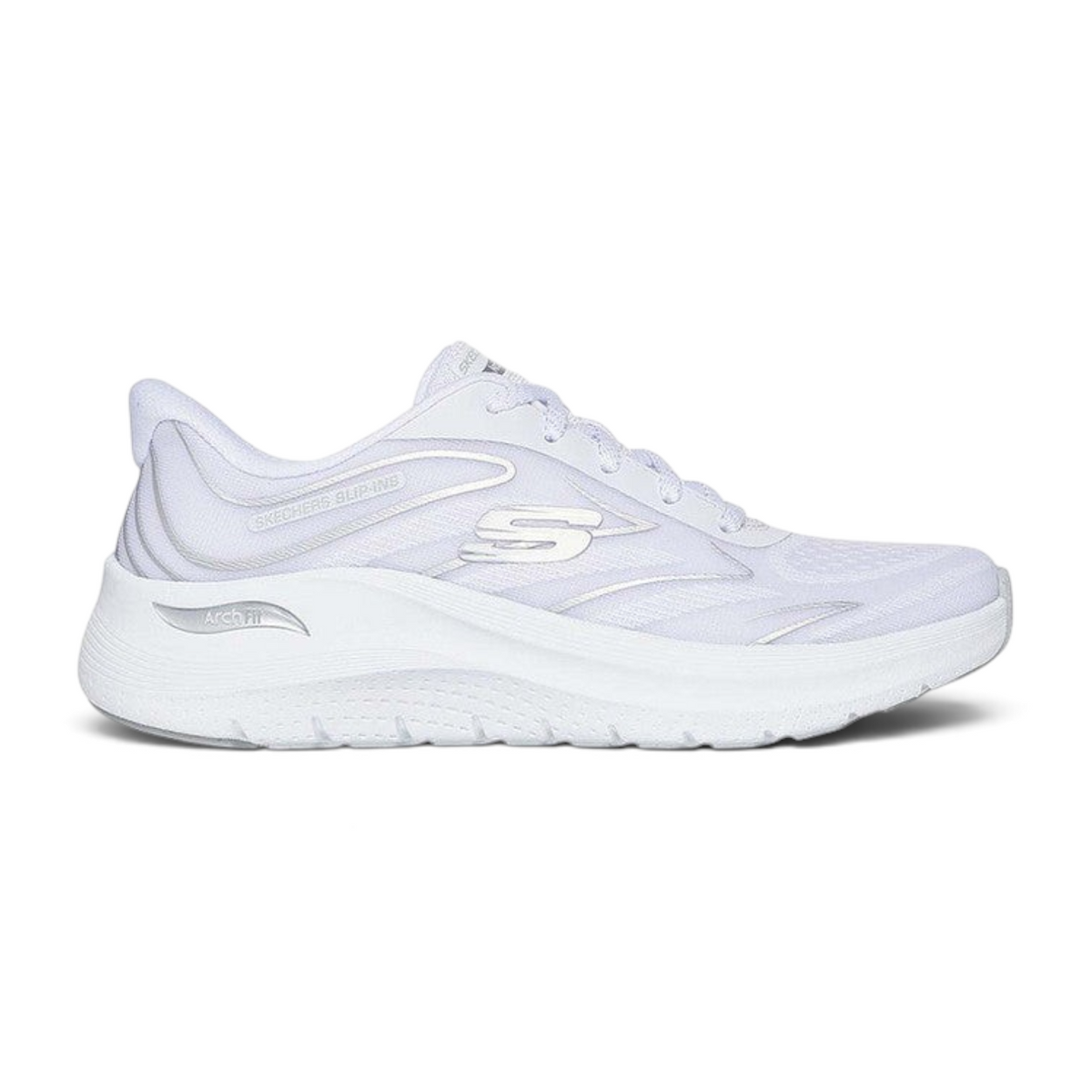 FRG Skechers Arch Fit 2.0 Sleek Stride white and silver slip-in sneakers with breathable textile upper