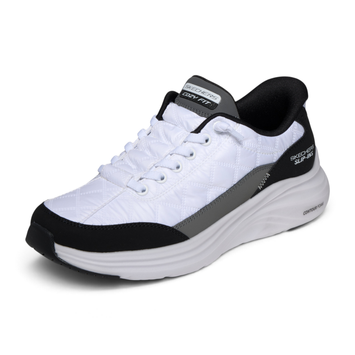 FRG Skechers Sports Cozy Fit white and black quilted slip-in sneakers with thick Contour Foam soles.