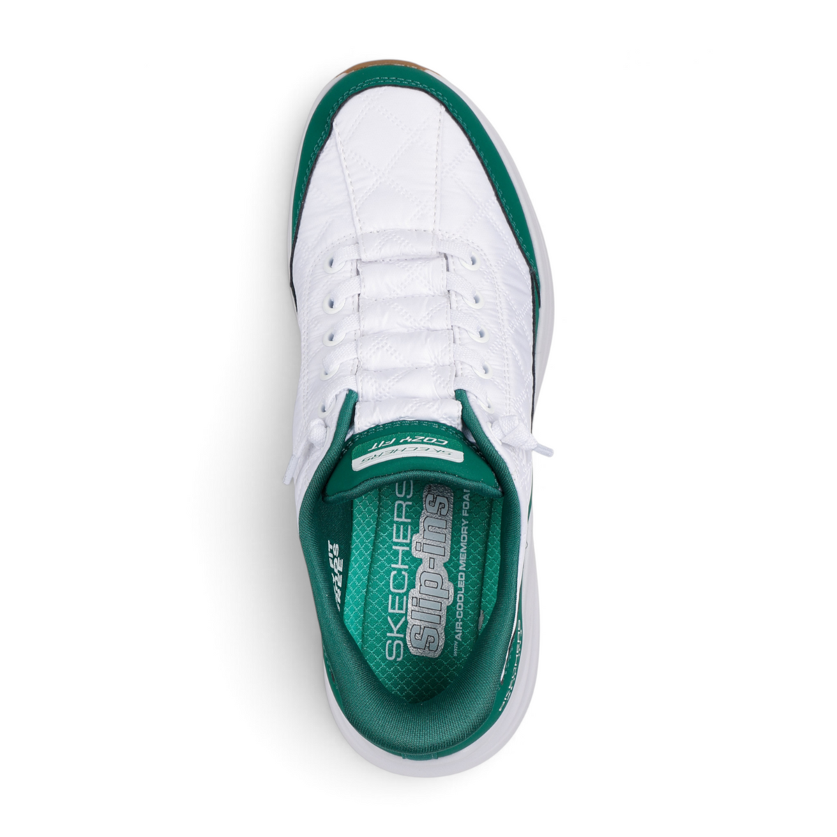 FRG Skechers Sports Cozy Fit Slip-Ins sneakers in white and green with a top-down view of the cushioned interior.
