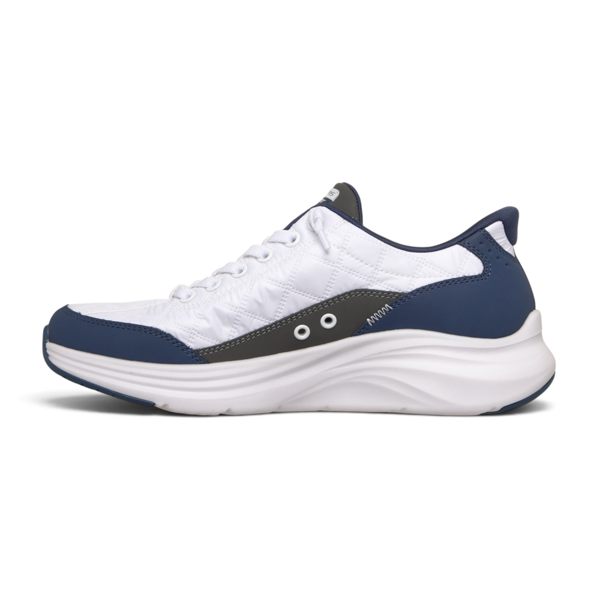 FRG Skechers Sports Cozy Fit slip-in sneakers in white and navy with a quilted upper and cushioned white sole