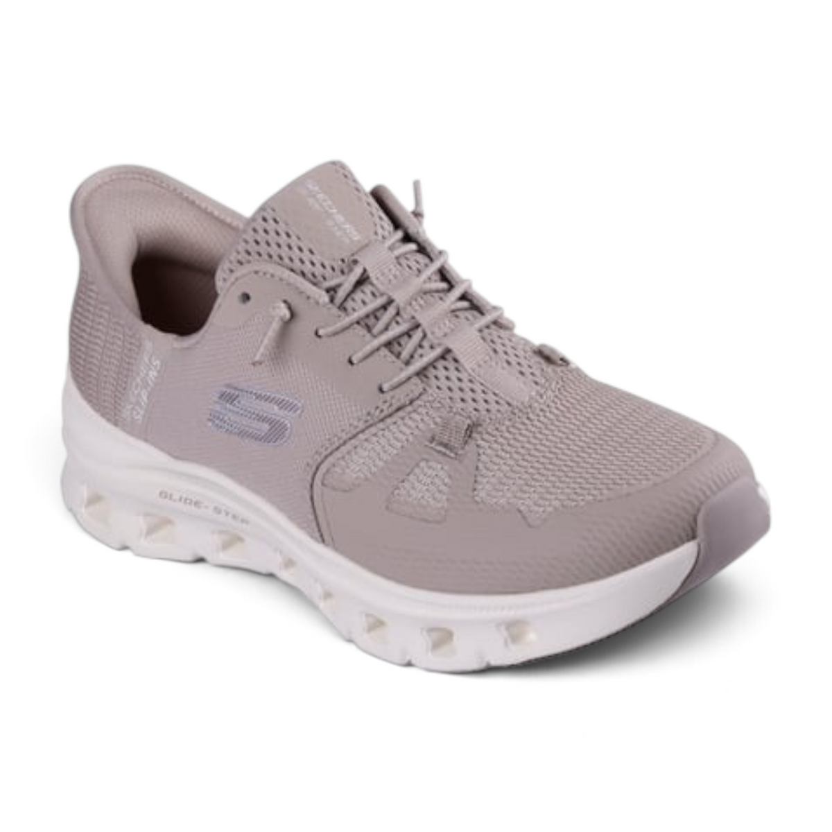 FRG GLIDE-STEP PRO taupe mesh slip-in athletic sneaker with white cushioned midsole and bungee lacing