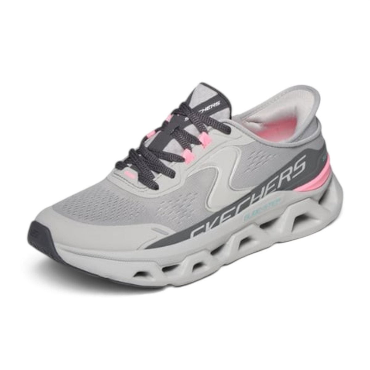 FRG Skechers Glide-Step Altus grey athletic sneaker with pink accents and a chunky geometric cushioned sole