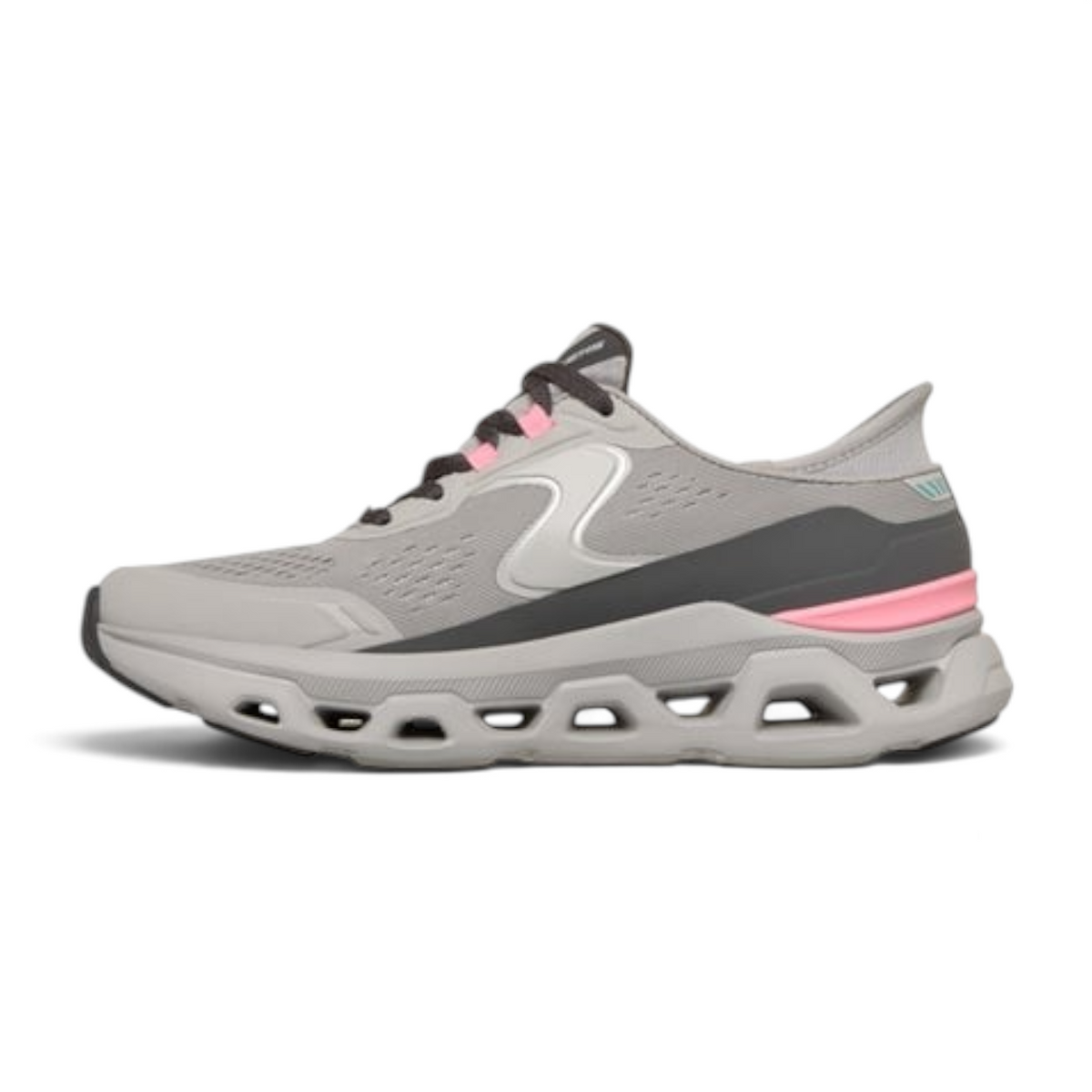 FRG GLIDE-STEP ALTUS grey athletic running shoe with pink accents and a chunky, hollowed-out cushioned sole.
