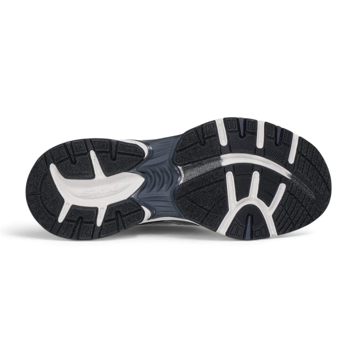 FRG Skechers Stamina Sport Metallic Muse black sneaker outsole with white and grey traction tread pattern