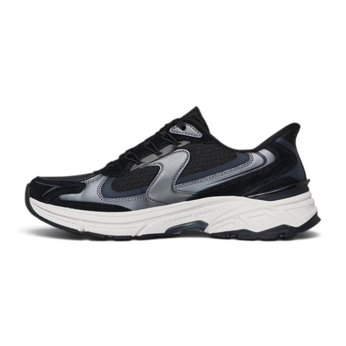 FRG Skechers Stamina Sport Metallic Muse black lace-up sneakers with metallic silver accents and chunky white sole