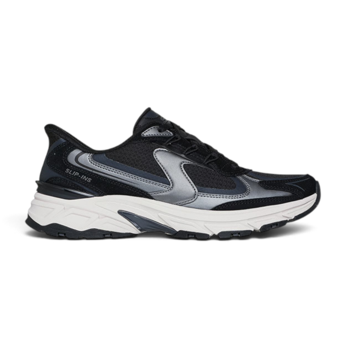 FRG Skechers Stamina Sport Metallic Muse black lace-up sneakers with metallic silver accents and white chunky sole