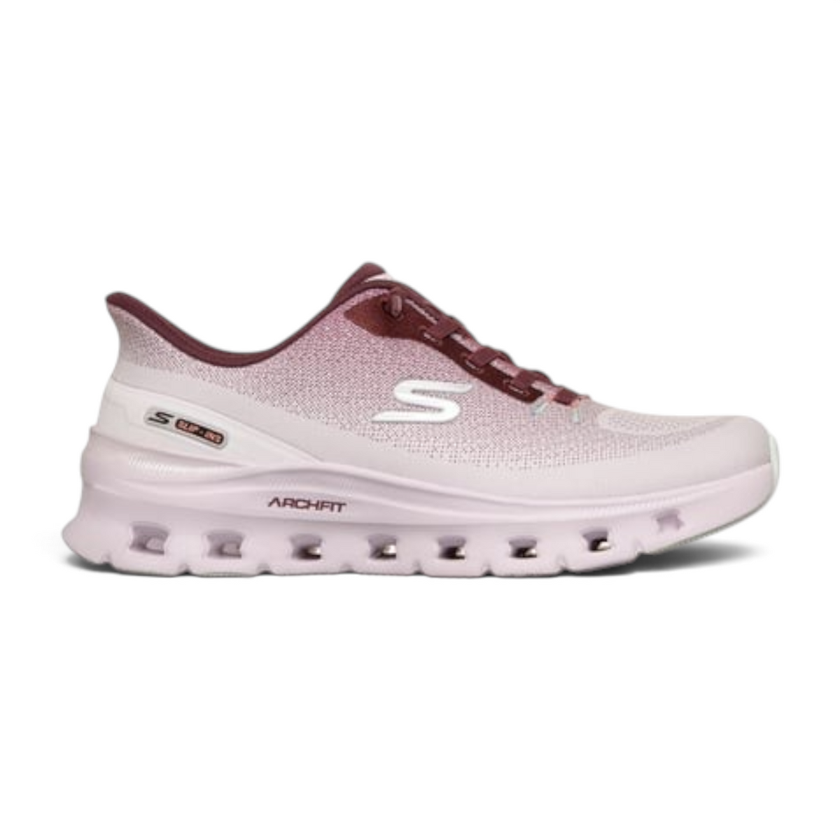 FRG Arch Fit Glide-Step Pro sneaker in light pink and burgundy with a cushioned sole and slip-in design