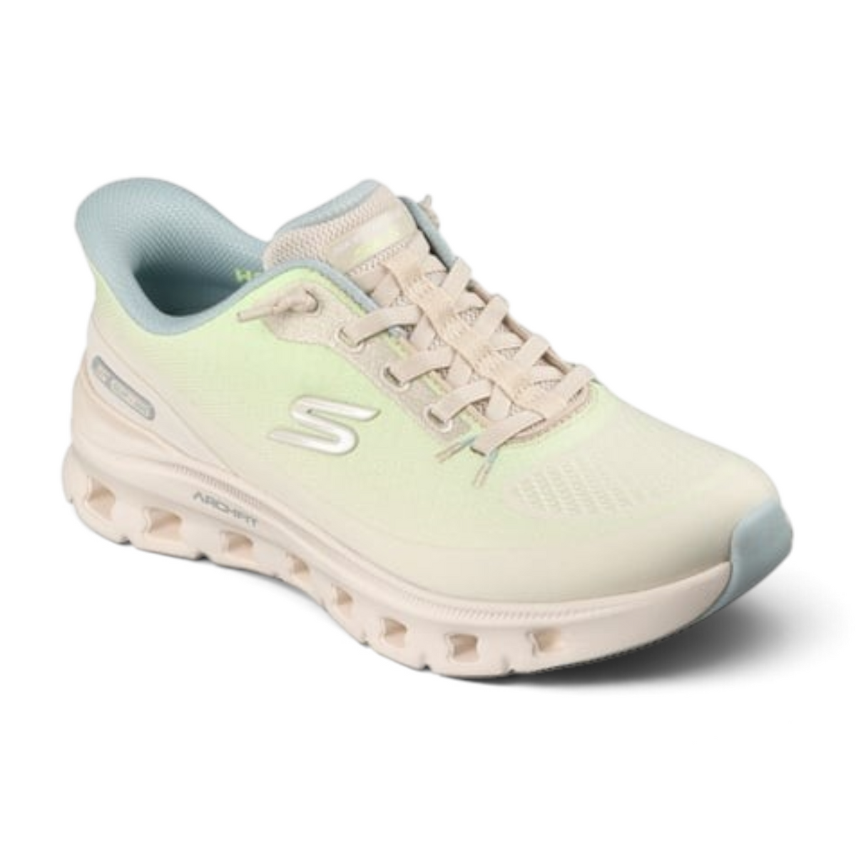 FRG Arch Fit Glide-Step Pro sneaker in pale yellow and light blue with a cushioned sole and breathable mesh upper.