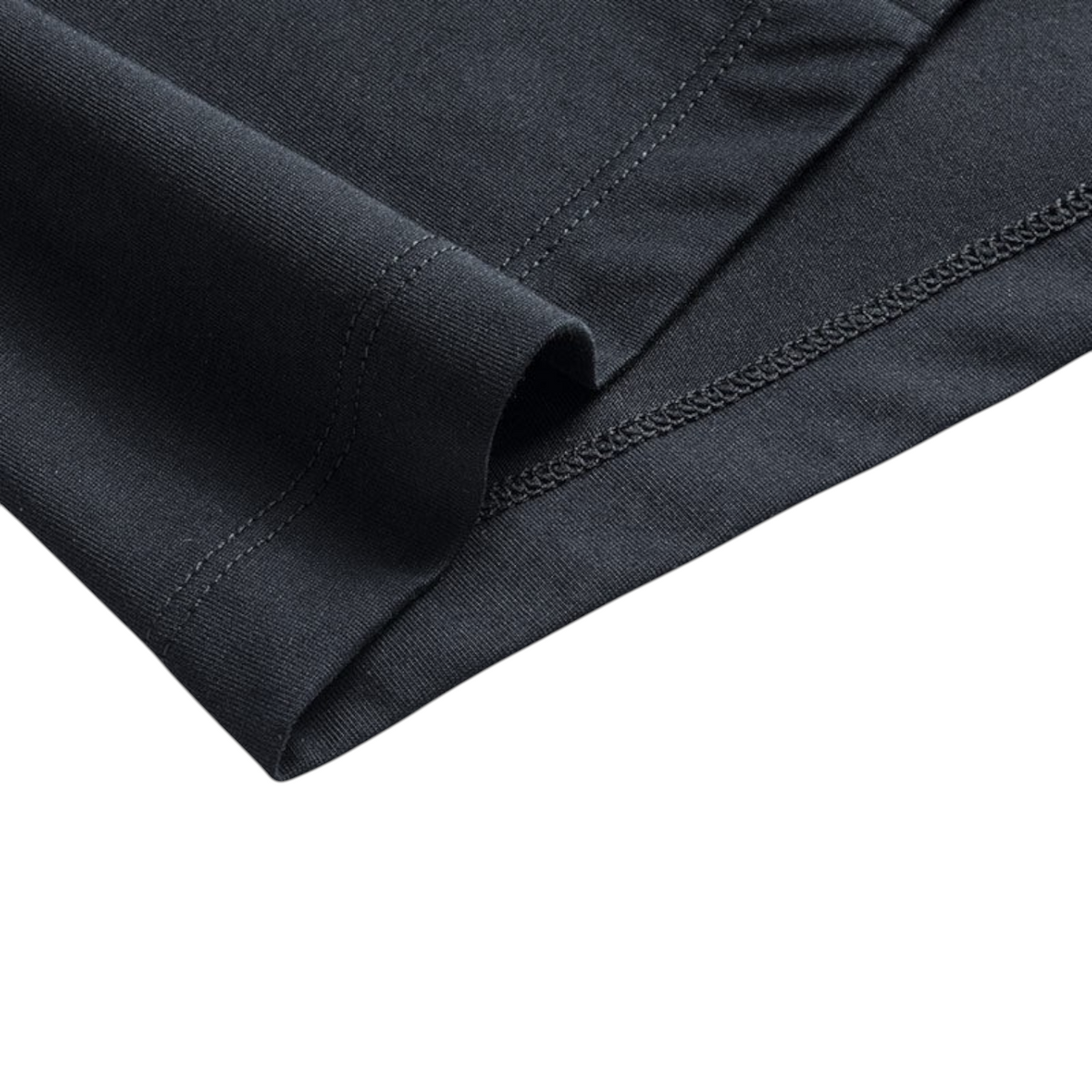 Close-up of the black hem and stitching on a FRG SS TEE, highlighting the smooth cotton fabric texture.
