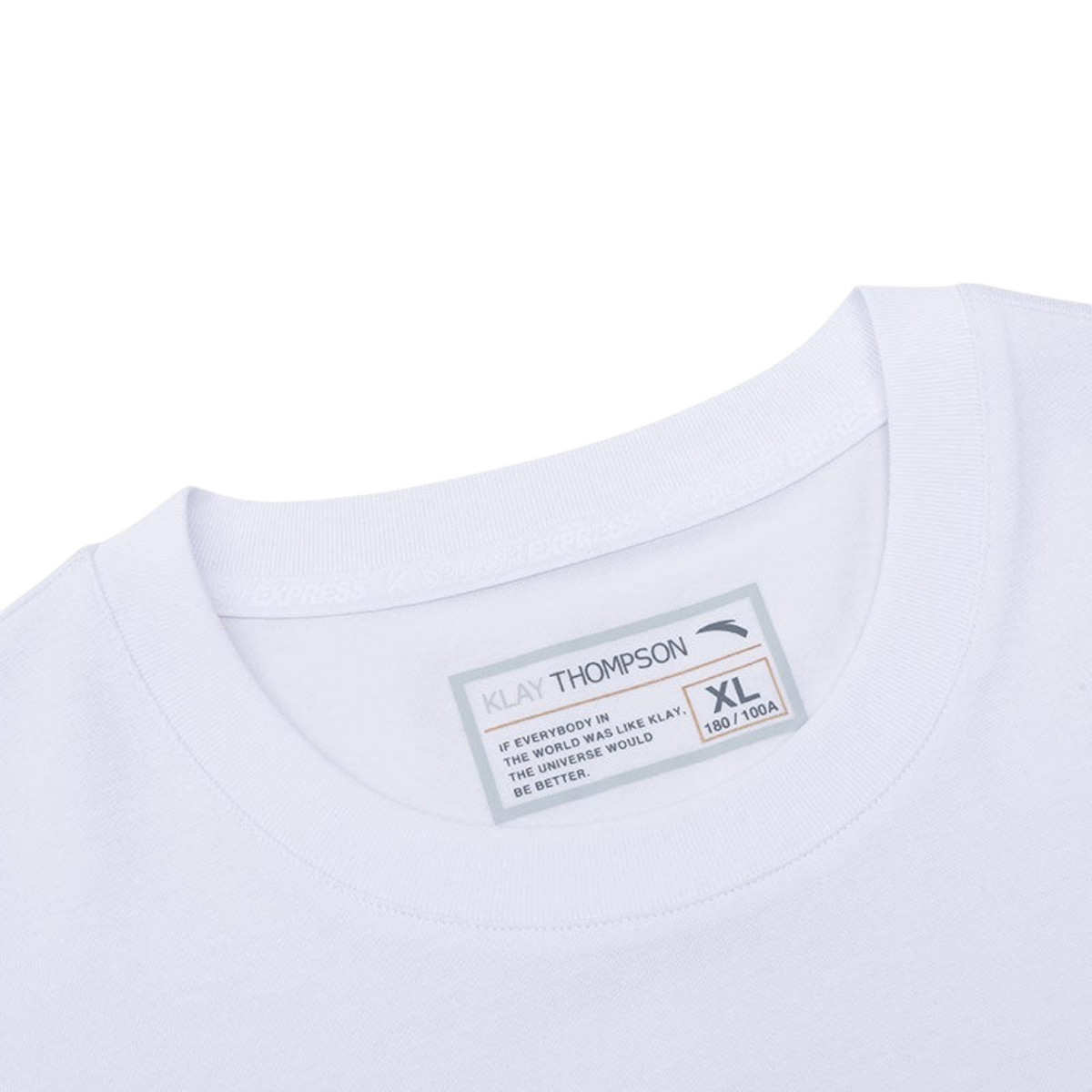 FRG ANTA white basketball t-shirt featuring a Klay Thompson signature label on the inner collar