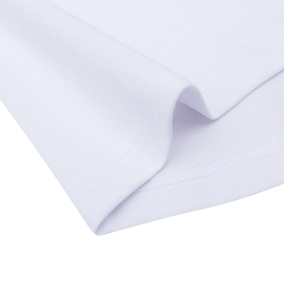 FRG ANTA white basketball short sleeve t-shirt showing close-up of the soft cotton blend fabric hem