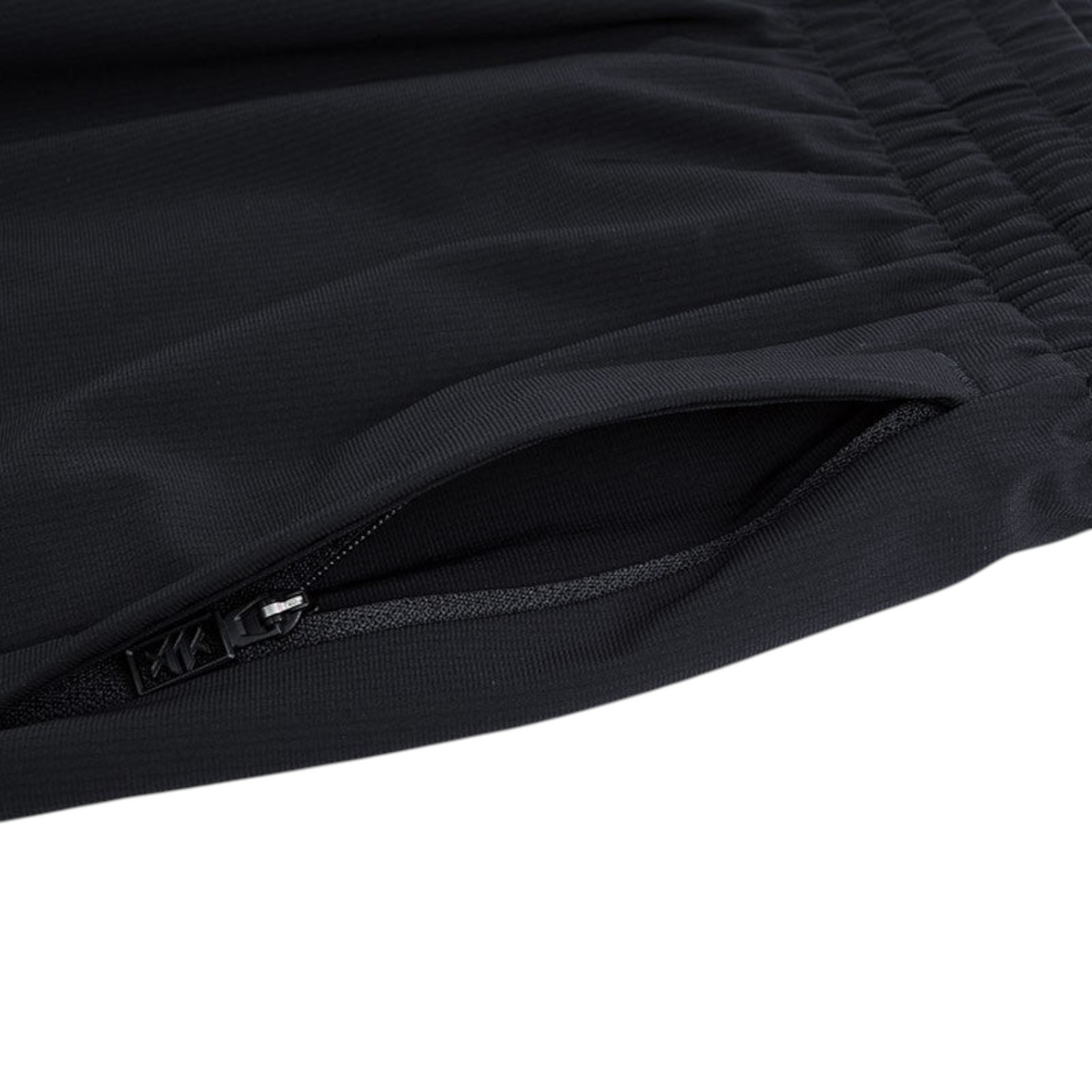FRG ANTA Splash Express black knit track pants featuring a secure zippered side pocket for athletic storage.