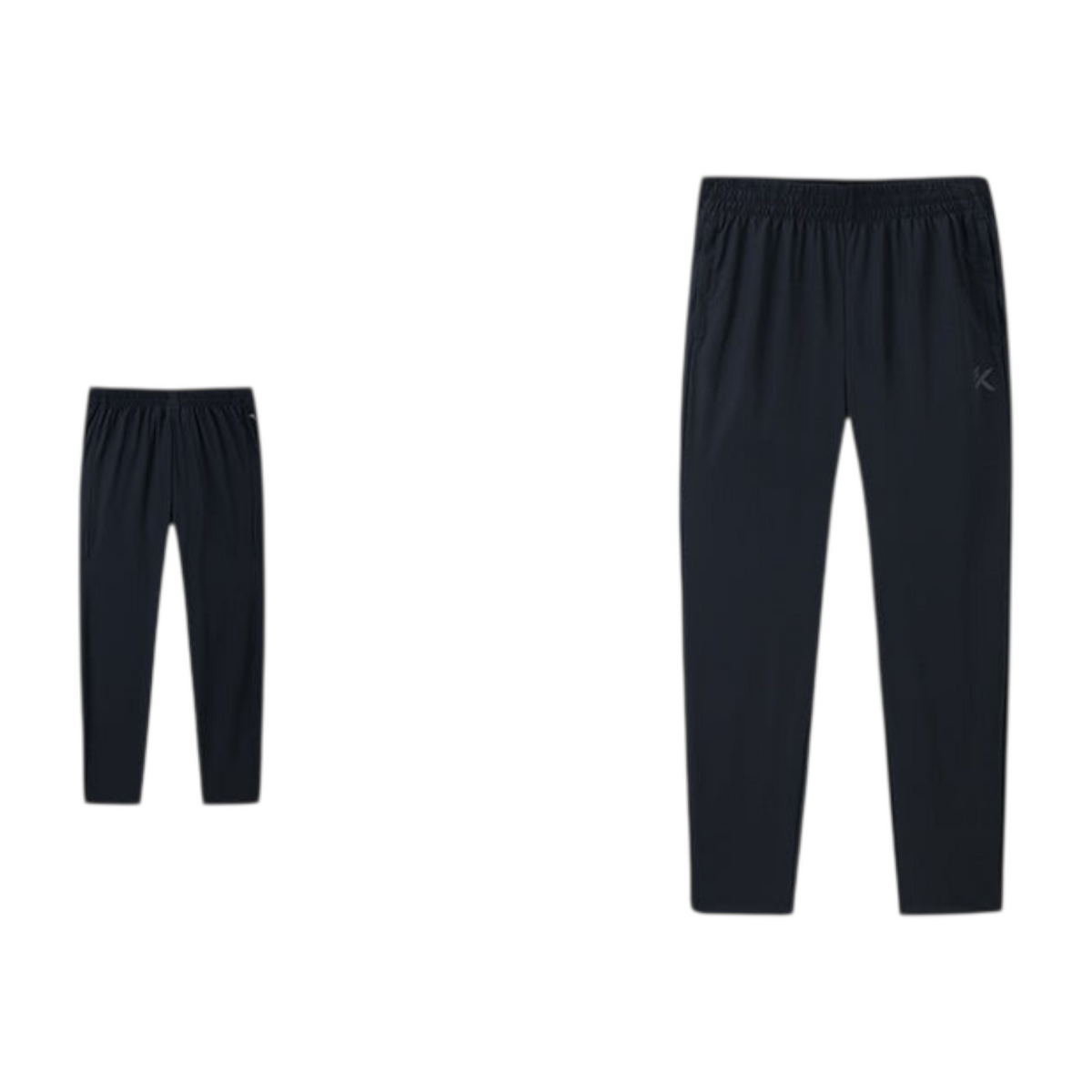 FRG ANTA Splash Express black knit track pants with four-way stretch fabric shown from front and back views.