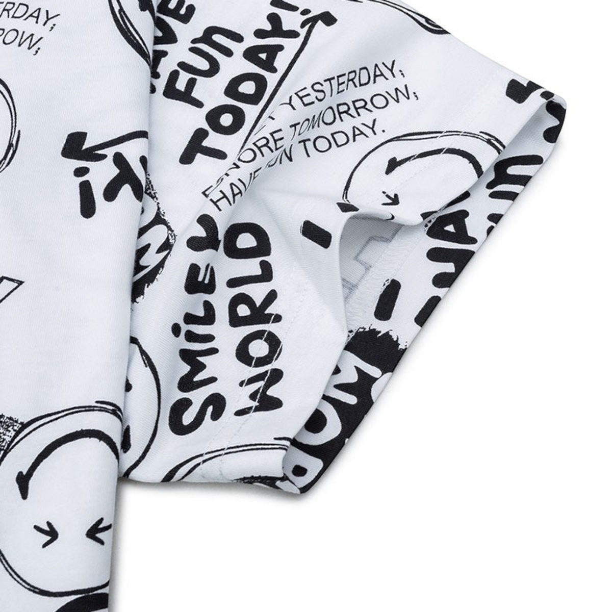 FRG short sleeve t-shirt in white featuring a black graphic print with smiley faces and inspirational text