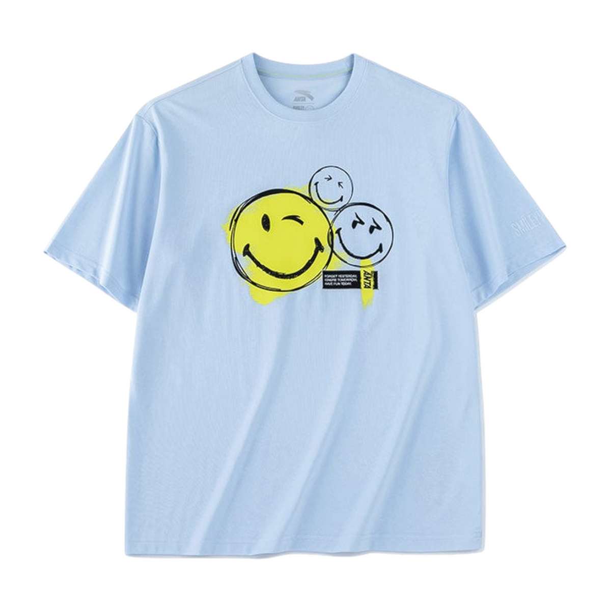 FRG ANTA A-Antiseptic EcoCozy blue short sleeve t-shirt featuring a yellow and black smiley face graphic print