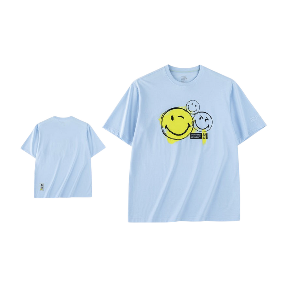 FRG ANTA A-Antiseptic EcoCozy blue short sleeve t-shirt featuring a yellow smiley face graphic on the front