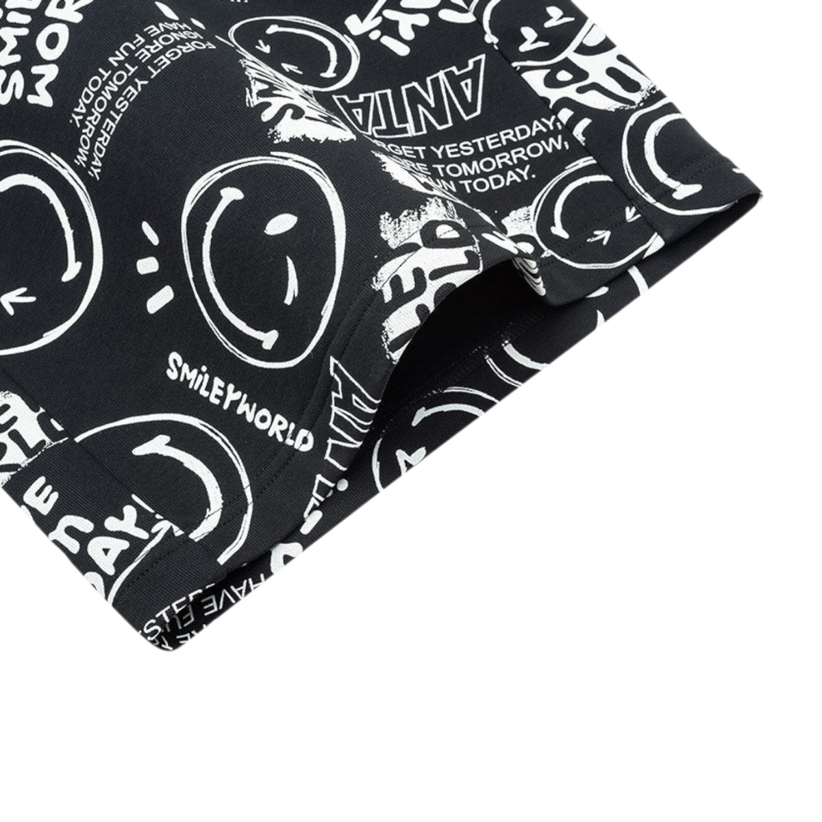 FRG ANTA black knit shorts featuring a white SmileyWorld graphic print and inspirational text pattern
